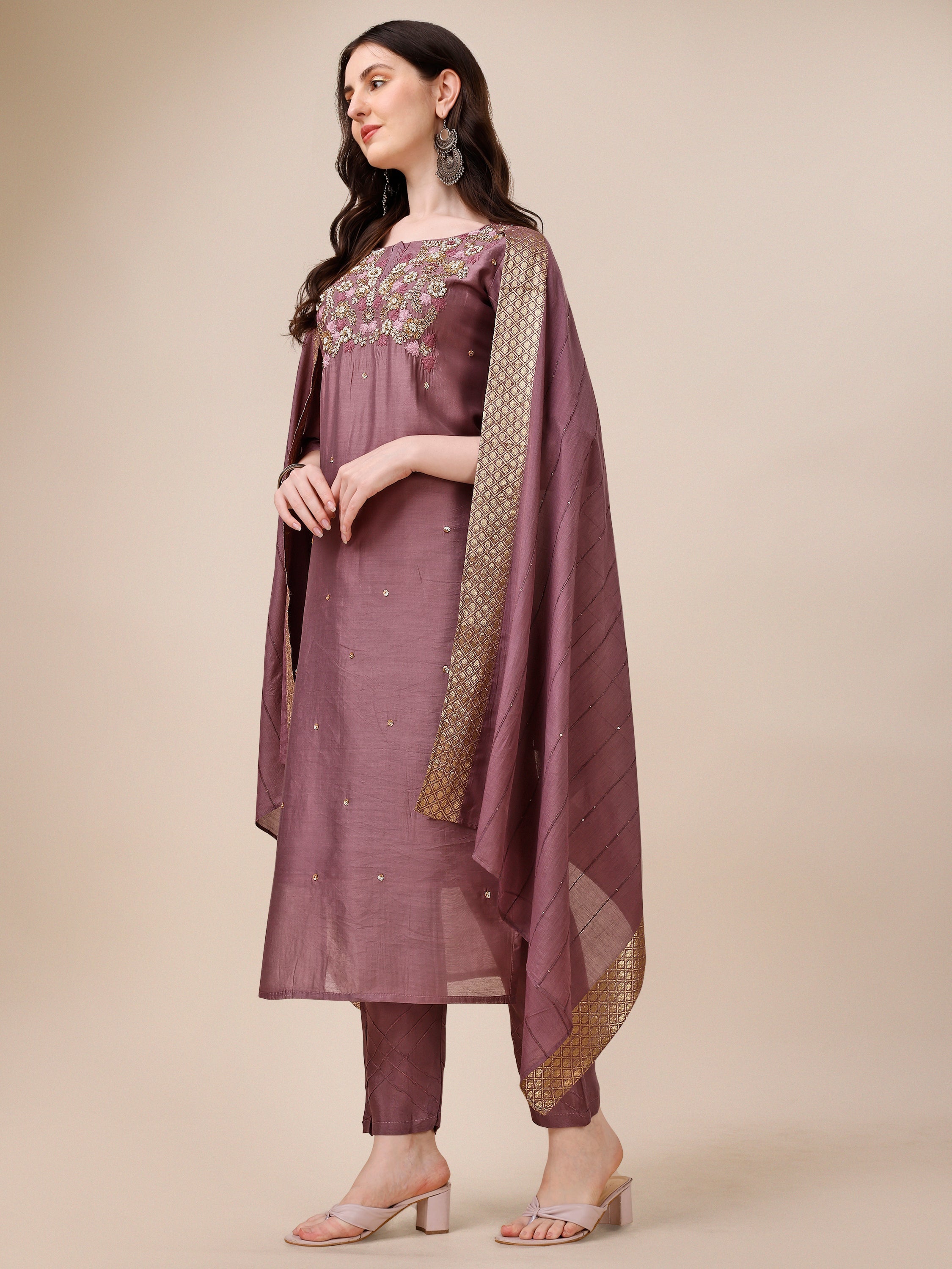 Hand Embroidered Kurta With Pant And Dupatta Set, Multicolor - Hiral Fashion - Distacart
