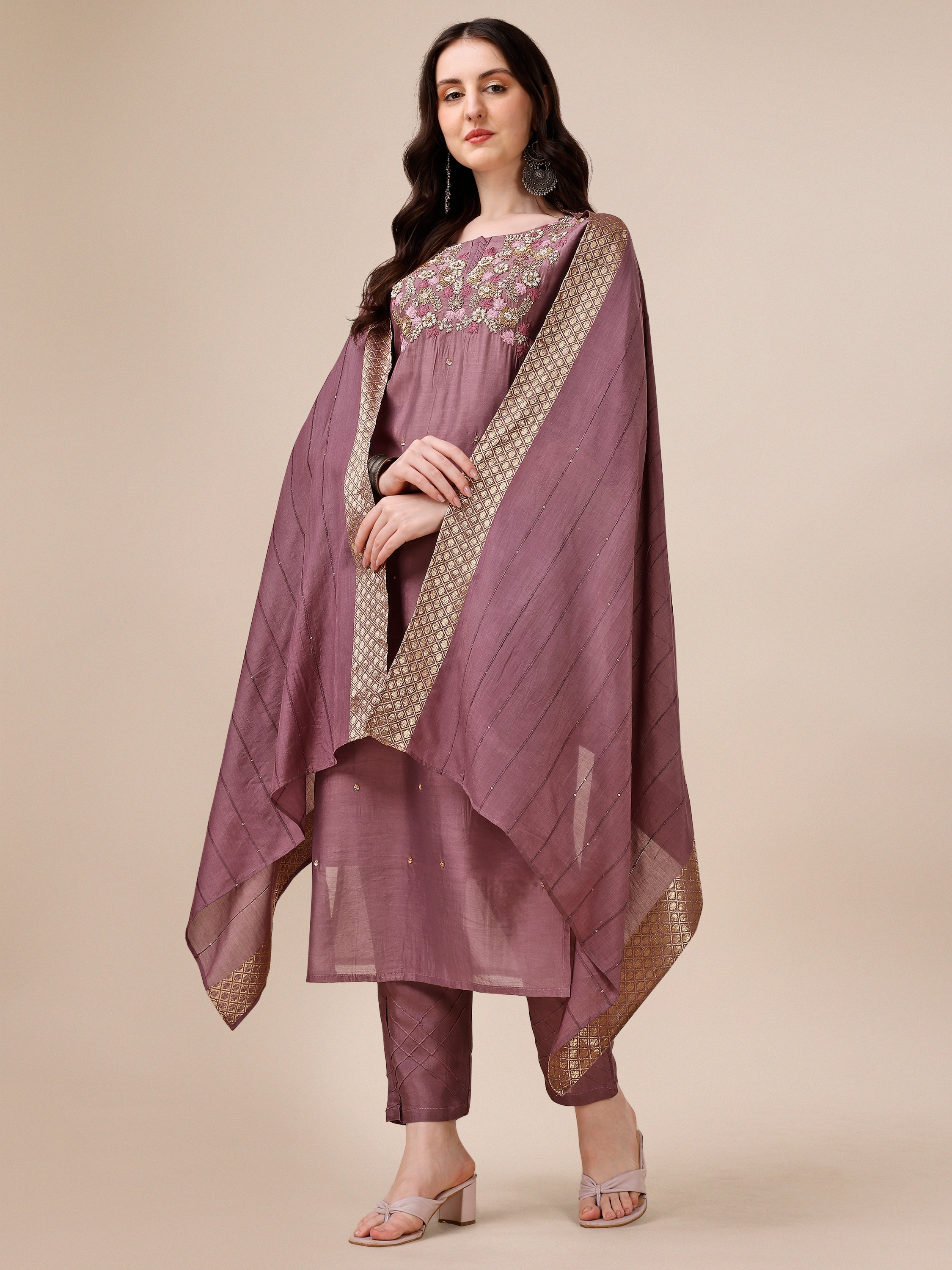 Hand Embroidered Kurta With Pant And Dupatta Set, Multicolor - Hiral Fashion - Distacart