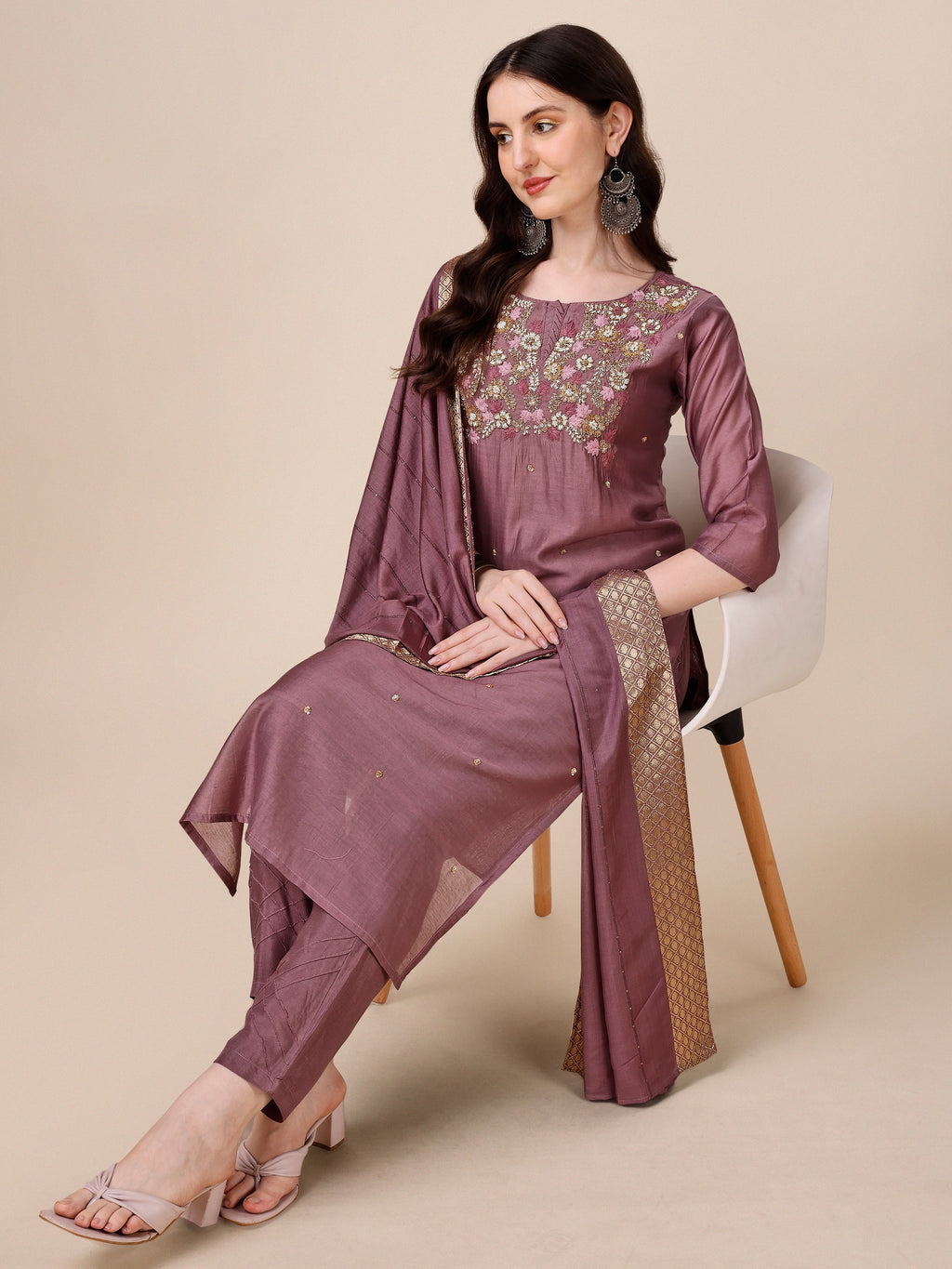 Hand Embroidered Kurta With Pant And Dupatta Set, Multicolor - Hiral Fashion - Distacart