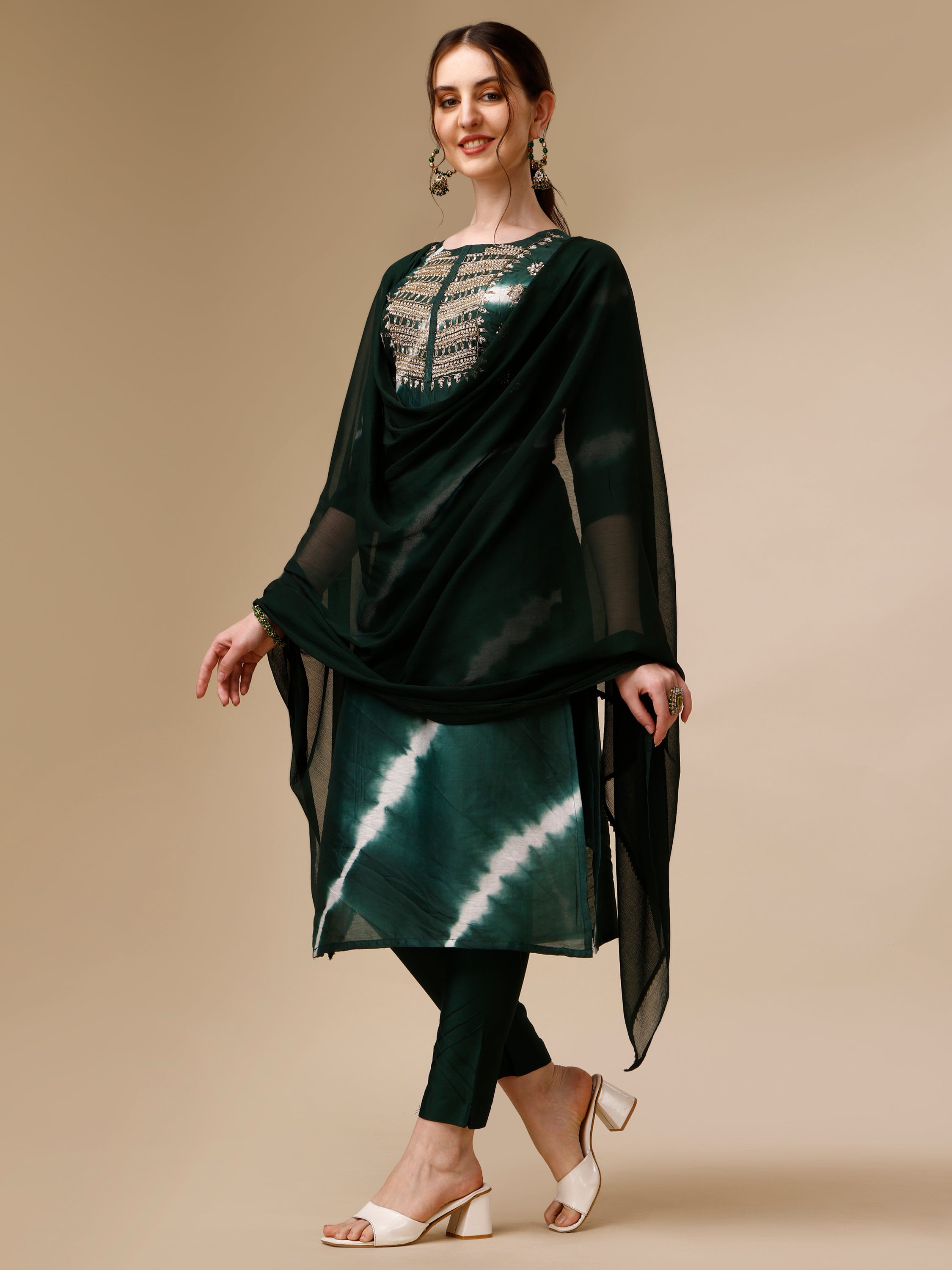 Lehariya Printed And Embroidered Kurta With Pant And Dupatta Set, Multicolor - Hiral Fashion - Distacart