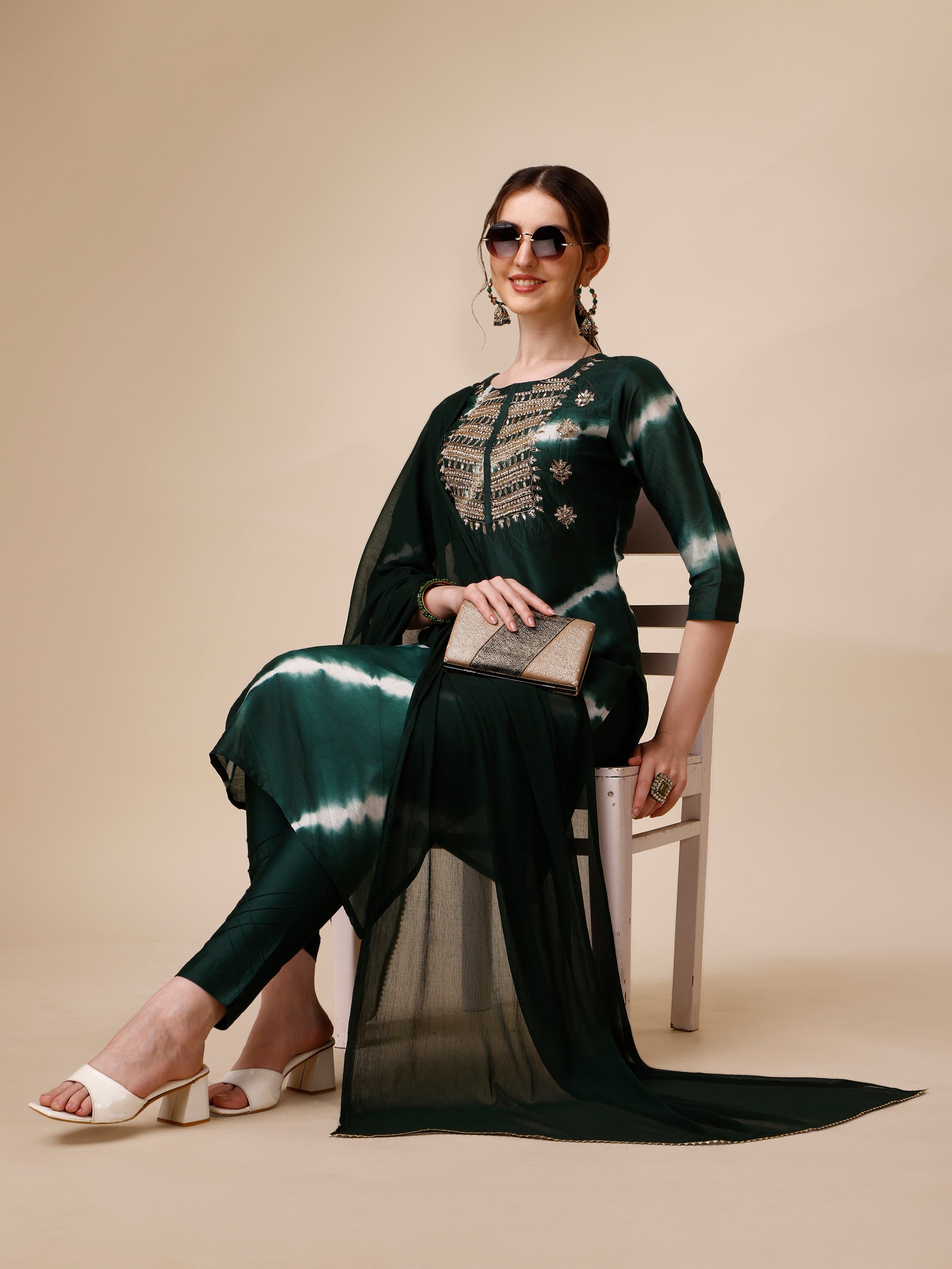 Lehariya Printed And Embroidered Kurta With Pant And Dupatta Set, Multicolor - Hiral Fashion - Distacart