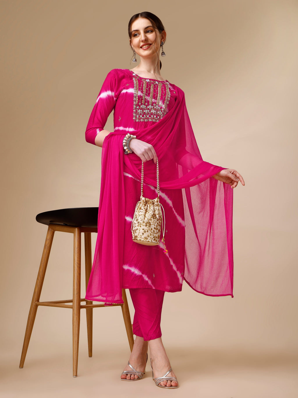 Lehariya Printed And Embroidered Kurta With Pant And Dupatta Set, Multicolor - Hiral Fashion - Distacart