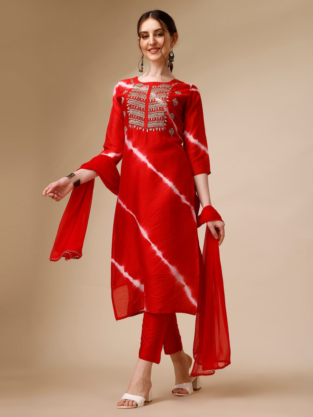 Lehariya Printed And Embroidered Kurta With Pant And Dupatta Set, Multicolor - Hiral Fashion - Distacart