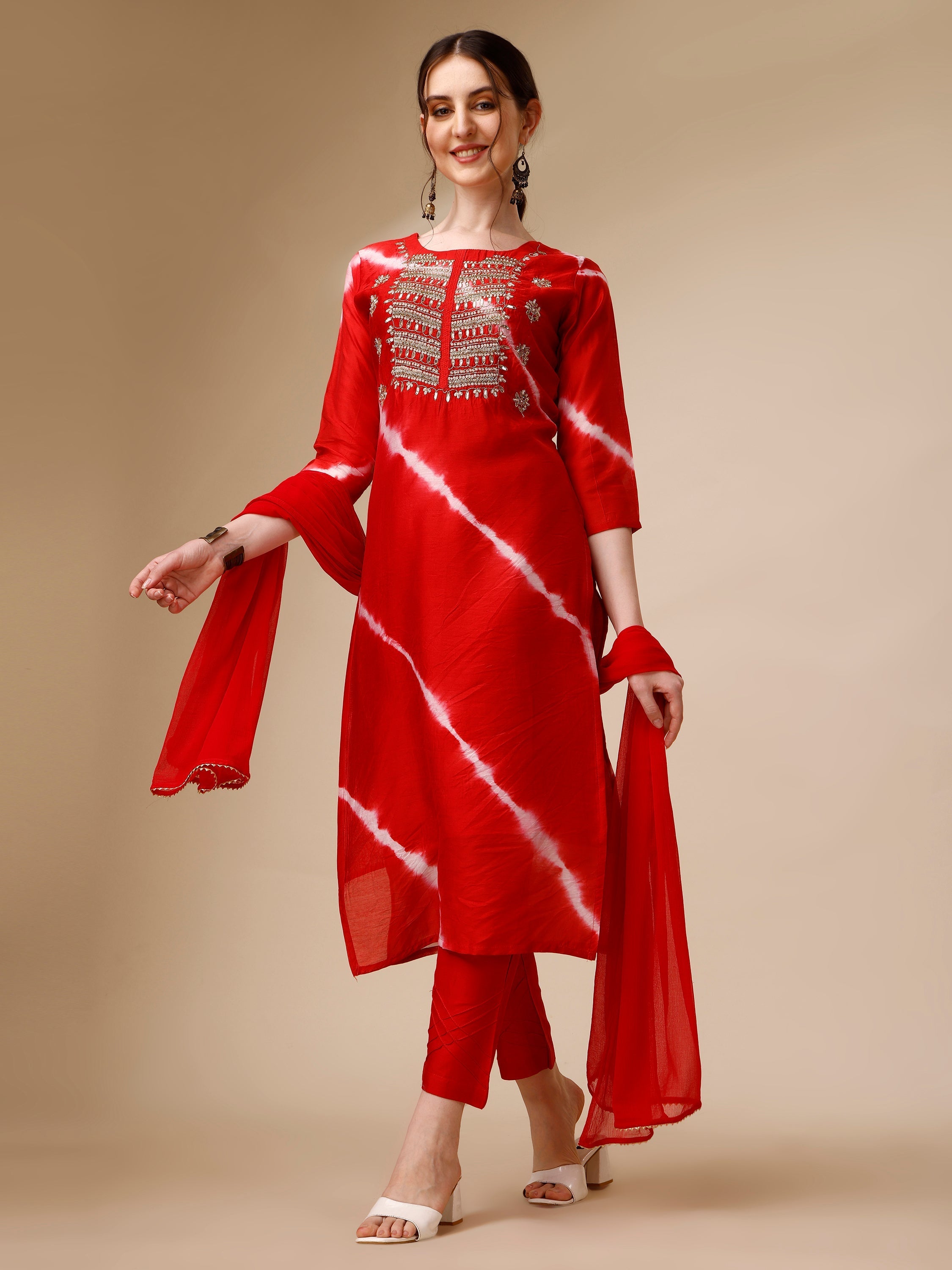 Lehariya Printed And Embroidered Kurta With Pant And Dupatta Set, Multicolor - Hiral Fashion - Distacart