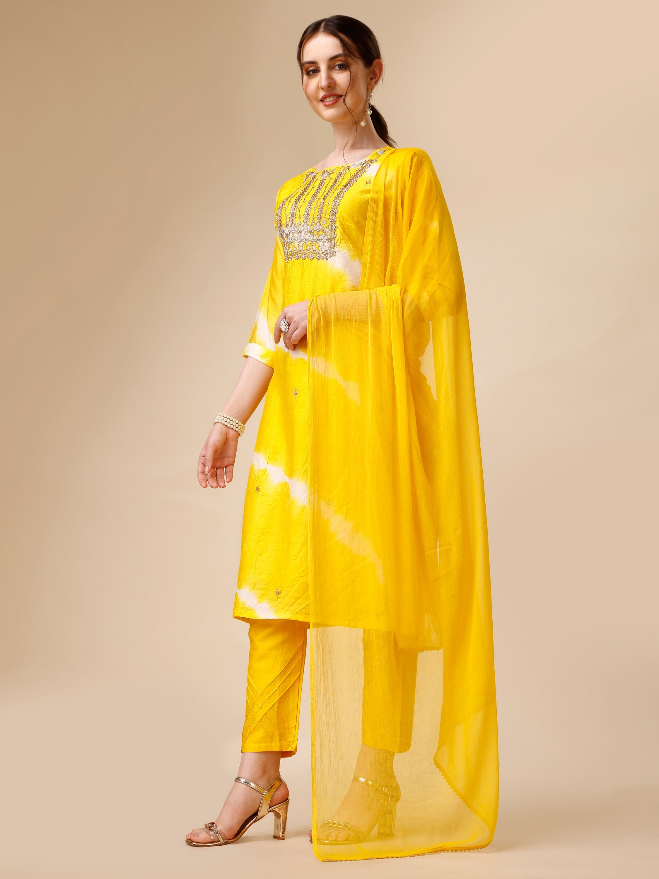 Lehariya Printed And Embroidered Kurta With Pant And Dupatta Set, Multicolor - Hiral Fashion - Distacart