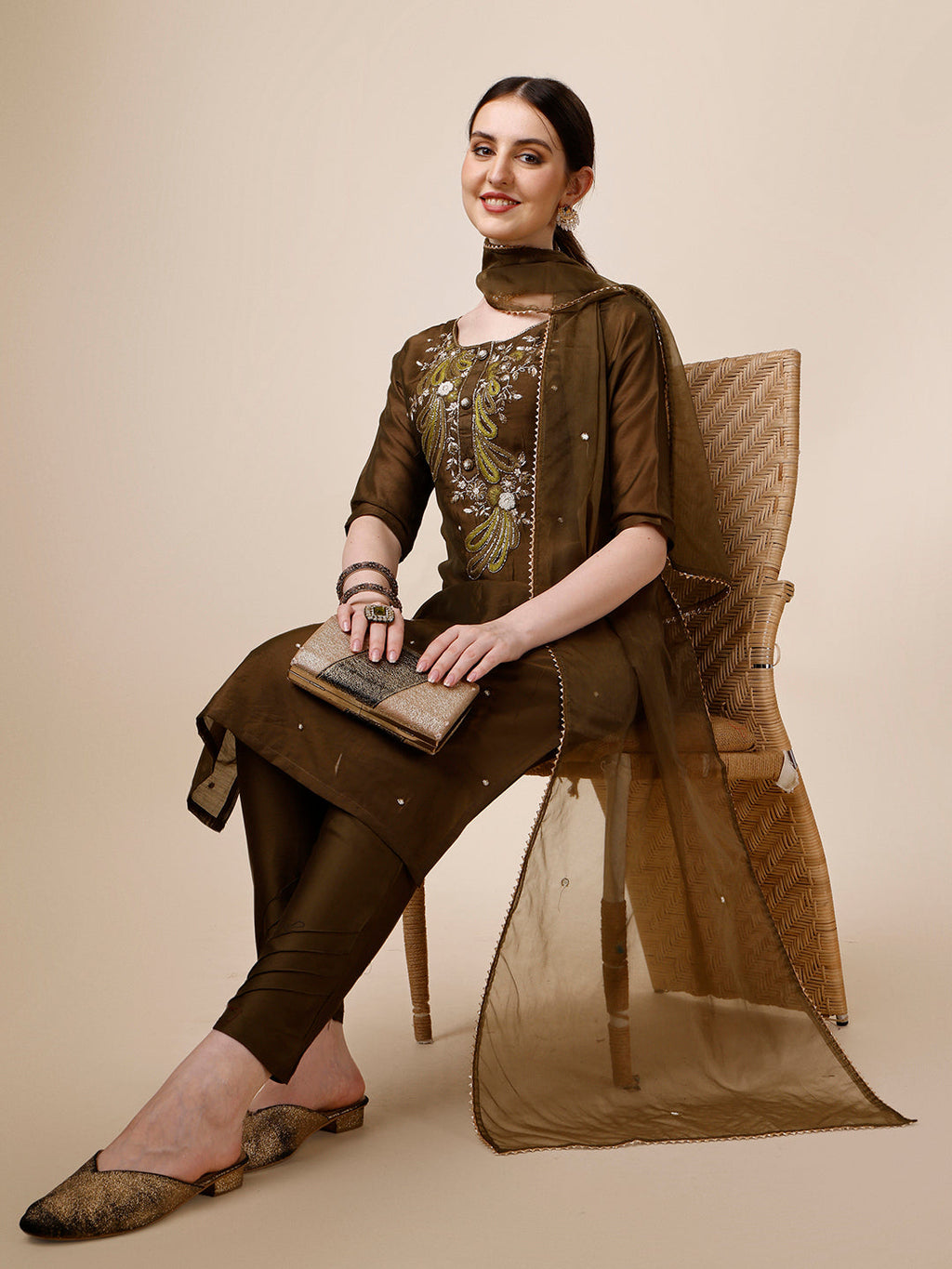Embroidered Green Kurta With Pant And Dupatta Set, Multicolor - Hiral Fashion - Distacart