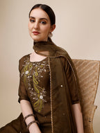 Embroidered Green Kurta With Pant And Dupatta Set, Multicolor - Hiral Fashion - Distacart