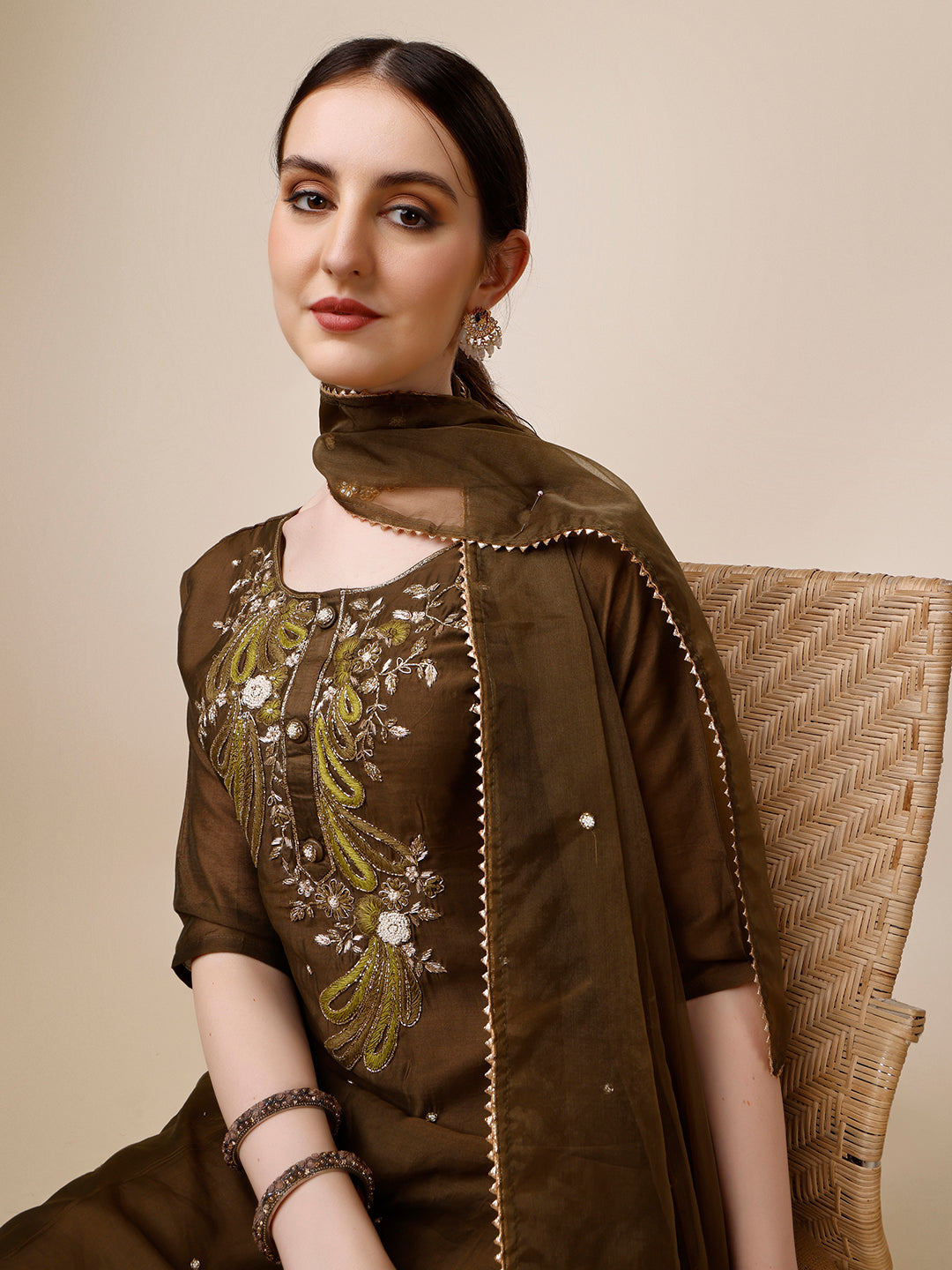 Embroidered Green Kurta With Pant And Dupatta Set, Multicolor - Hiral Fashion - Distacart