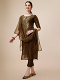 Embroidered Green Kurta With Pant And Dupatta Set, Multicolor - Hiral Fashion - Distacart