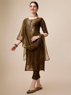 Embroidered Green Kurta With Pant And Dupatta Set, Multicolor - Hiral Fashion - Distacart