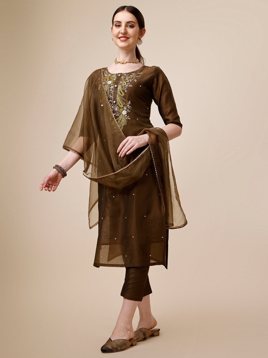 Embroidered Green Kurta With Pant And Dupatta Set, Multicolor - Hiral Fashion - Distacart