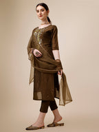 Embroidered Green Kurta With Pant And Dupatta Set, Multicolor - Hiral Fashion - Distacart