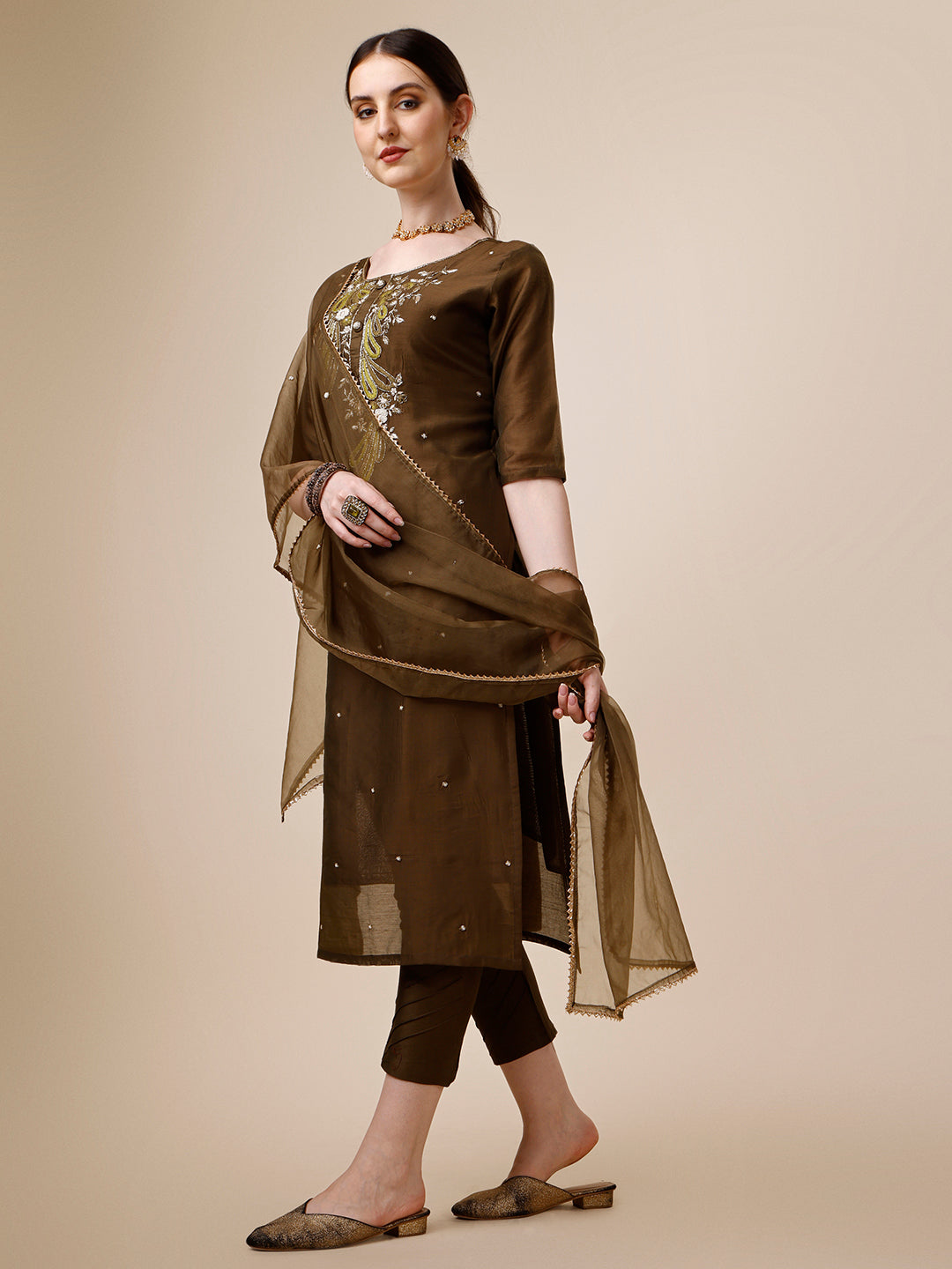 Embroidered Green Kurta With Pant And Dupatta Set, Multicolor - Hiral Fashion - Distacart