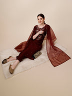 Embroidered Maroon Kurta With Pant And Dupatta Set, Multicolor - Hiral Fashion - Distacart