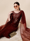 Embroidered Maroon Kurta With Pant And Dupatta Set, Multicolor - Hiral Fashion - Distacart