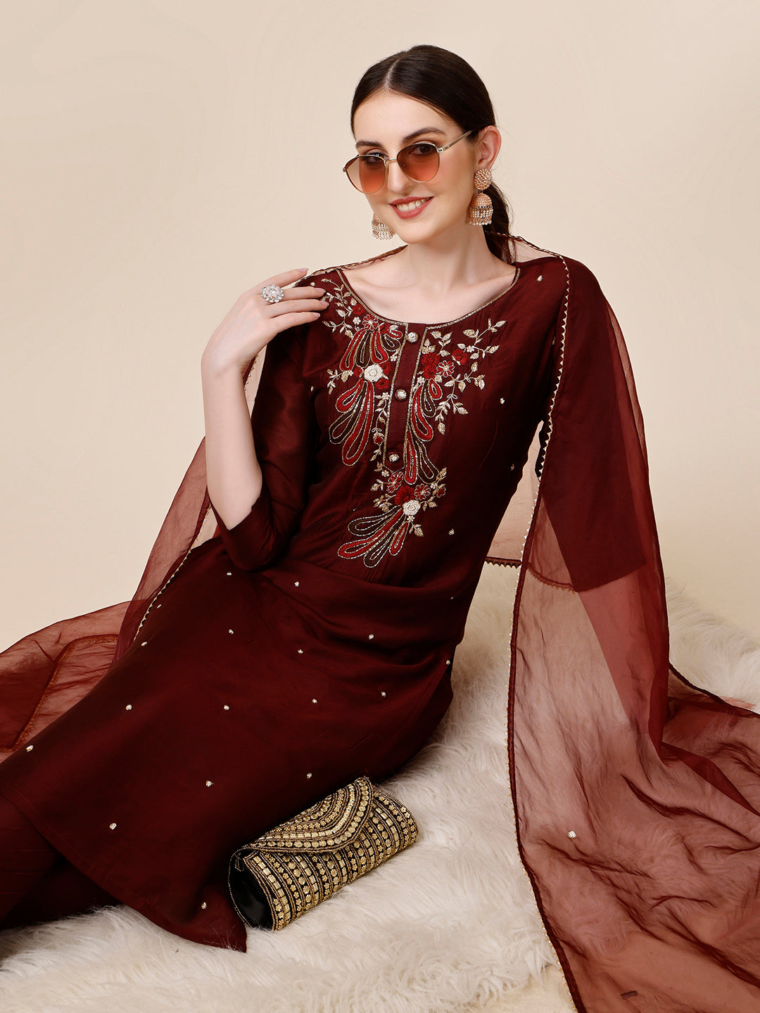 Embroidered Maroon Kurta With Pant And Dupatta Set, Multicolor - Hiral Fashion - Distacart