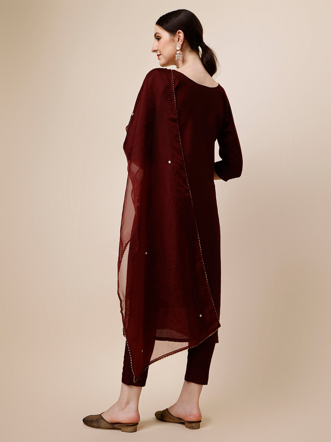 Embroidered Maroon Kurta With Pant And Dupatta Set, Multicolor - Hiral Fashion - Distacart