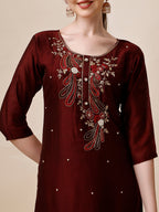Embroidered Maroon Kurta With Pant And Dupatta Set, Multicolor - Hiral Fashion - Distacart