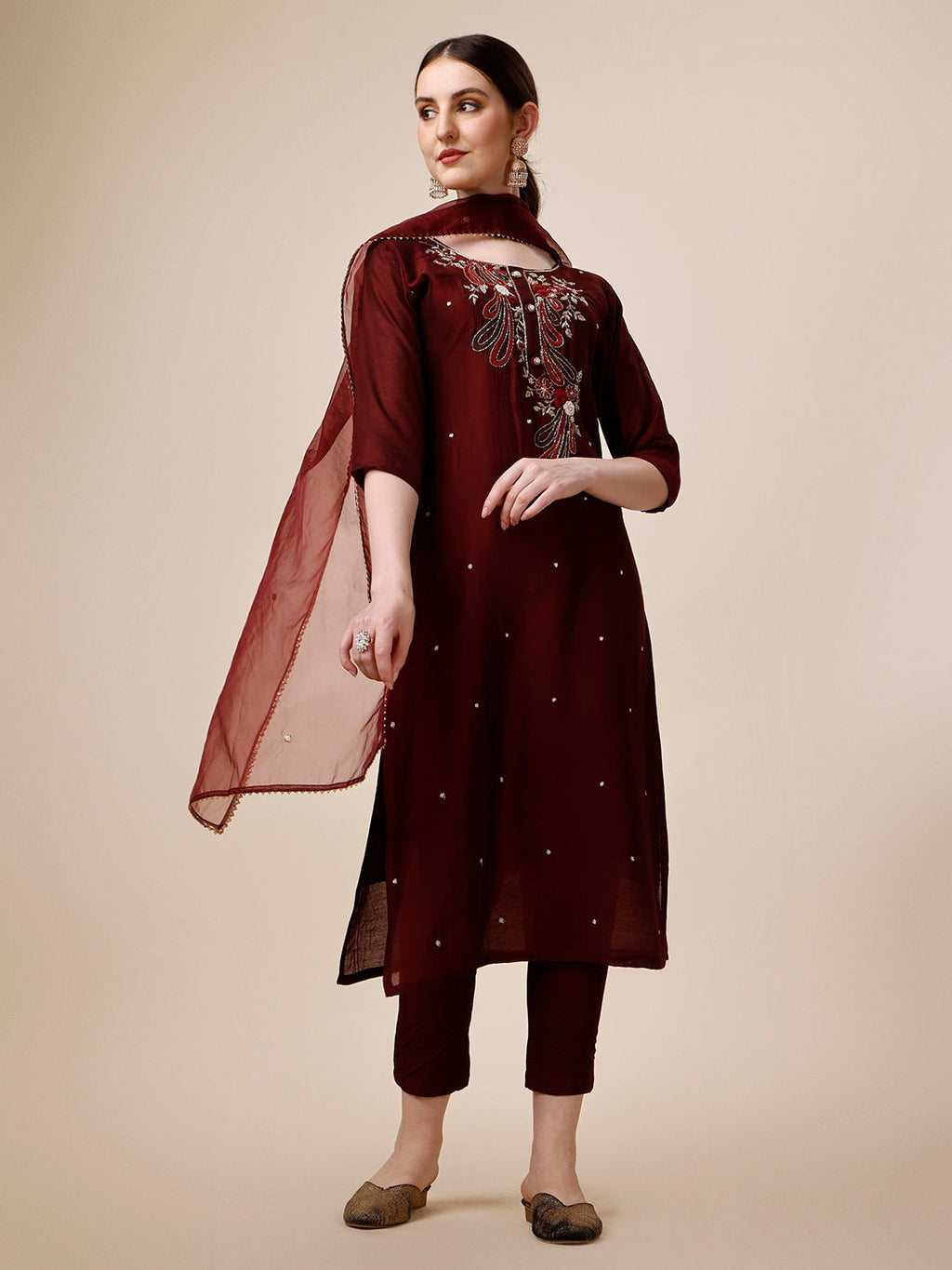 Embroidered Maroon Kurta With Pant And Dupatta Set, Multicolor - Hiral Fashion - Distacart