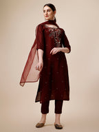 Embroidered Maroon Kurta With Pant And Dupatta Set, Multicolor - Hiral Fashion - Distacart