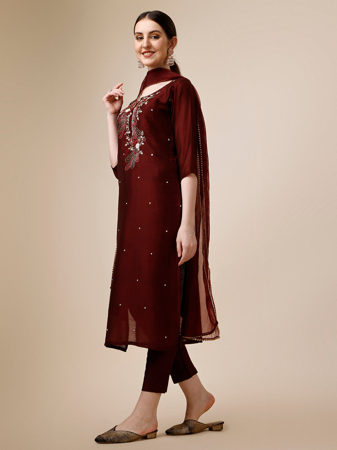 Embroidered Maroon Kurta With Pant And Dupatta Set, Multicolor - Hiral Fashion - Distacart
