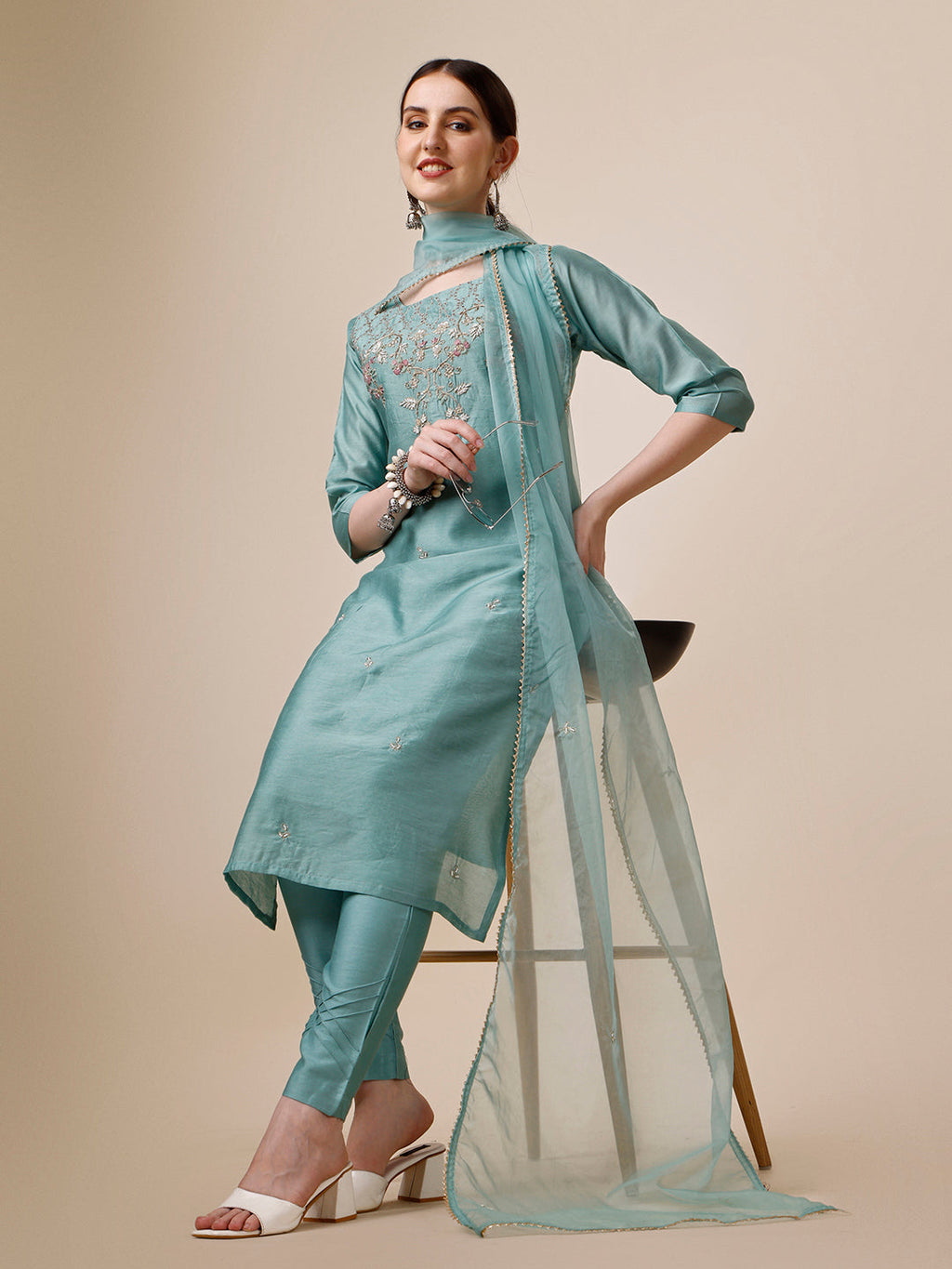 Hand Embroidered Kurta With Pant & Dupatta Set, Multicolor - Hiral Fashion - Distacart
