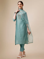 Hand Embroidered Kurta With Pant & Dupatta Set, Multicolor - Hiral Fashion - Distacart