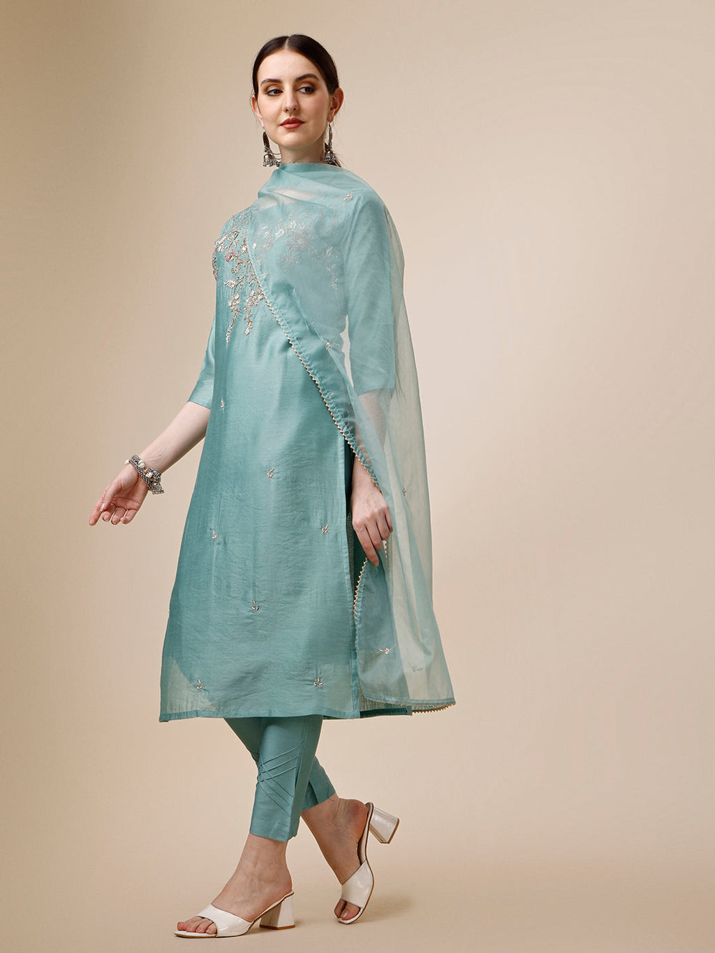 Hand Embroidered Kurta With Pant & Dupatta Set, Multicolor - Hiral Fashion - Distacart