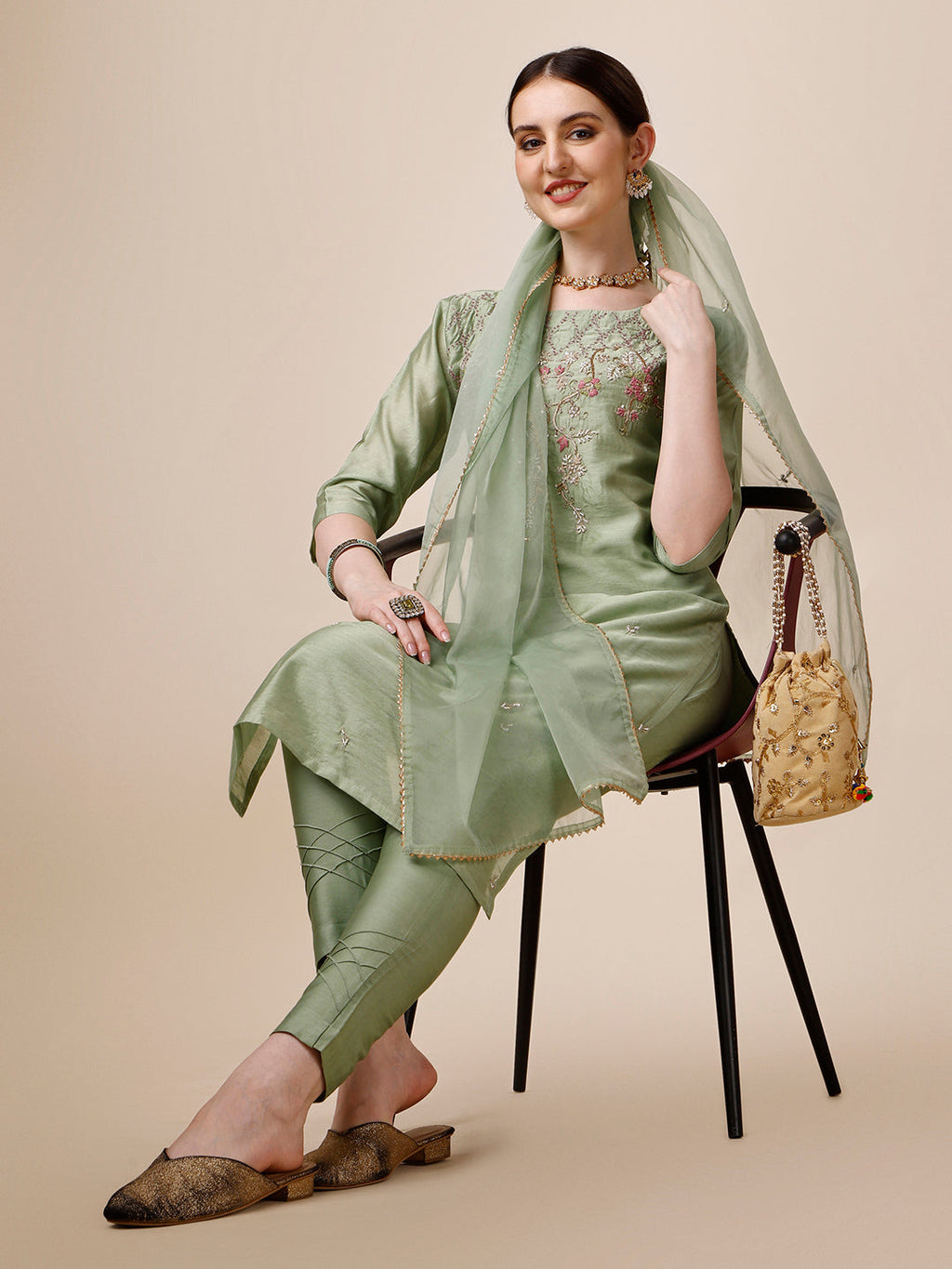 Embroidered Kurta With Pant And Dupatta Set, Multicolor - Hiral Fashion - Distacart