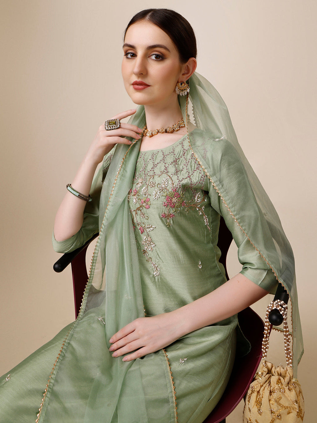 Embroidered Kurta With Pant And Dupatta Set, Multicolor - Hiral Fashion - Distacart