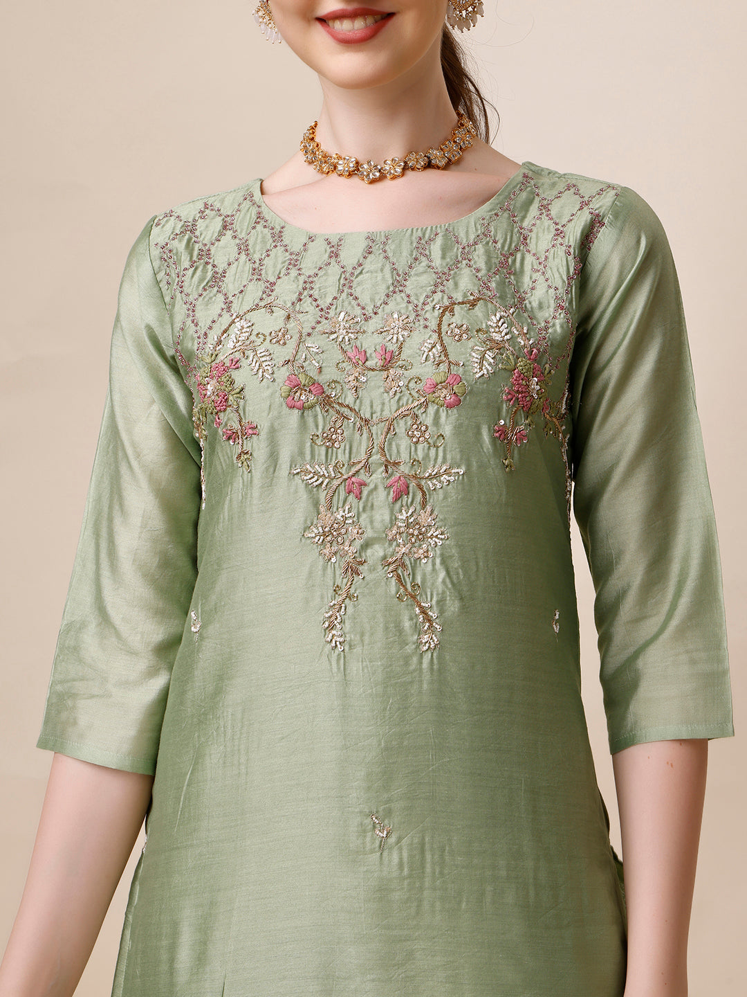 Embroidered Kurta With Pant And Dupatta Set, Multicolor - Hiral Fashion - Distacart