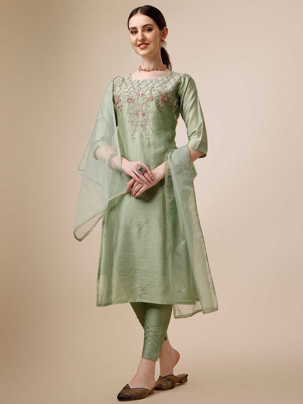 Embroidered Kurta With Pant And Dupatta Set, Multicolor - Hiral Fashion - Distacart