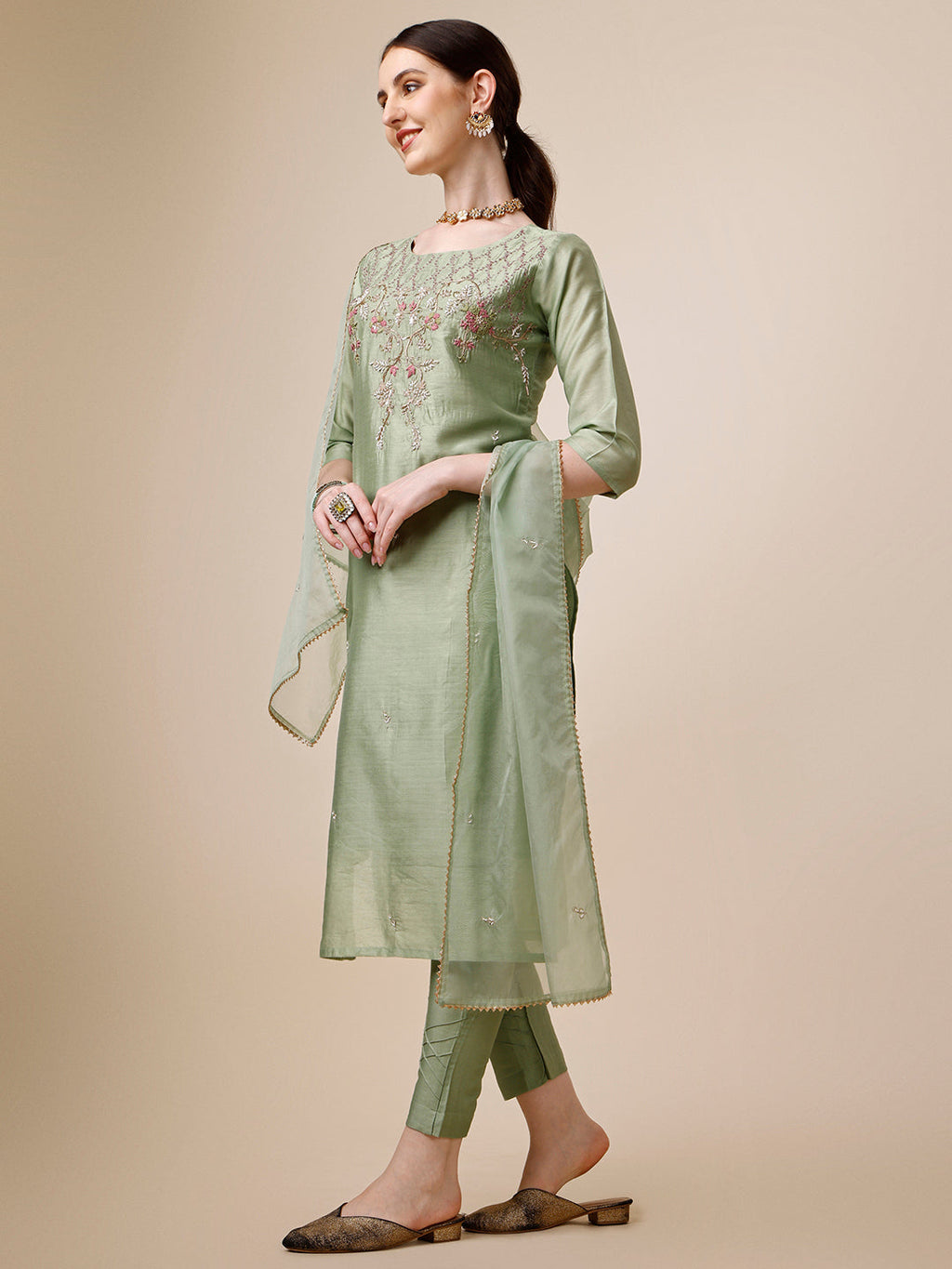 Embroidered Kurta With Pant And Dupatta Set, Multicolor - Hiral Fashion - Distacart