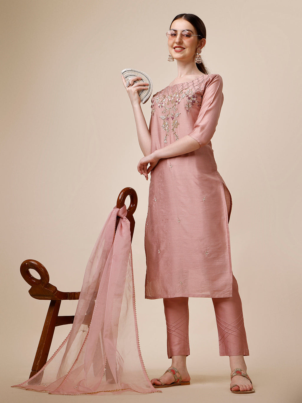 Hand Embroidered Kurta With Pant & Dupatta Set, Multicolor - Hiral Fashion - Distacart