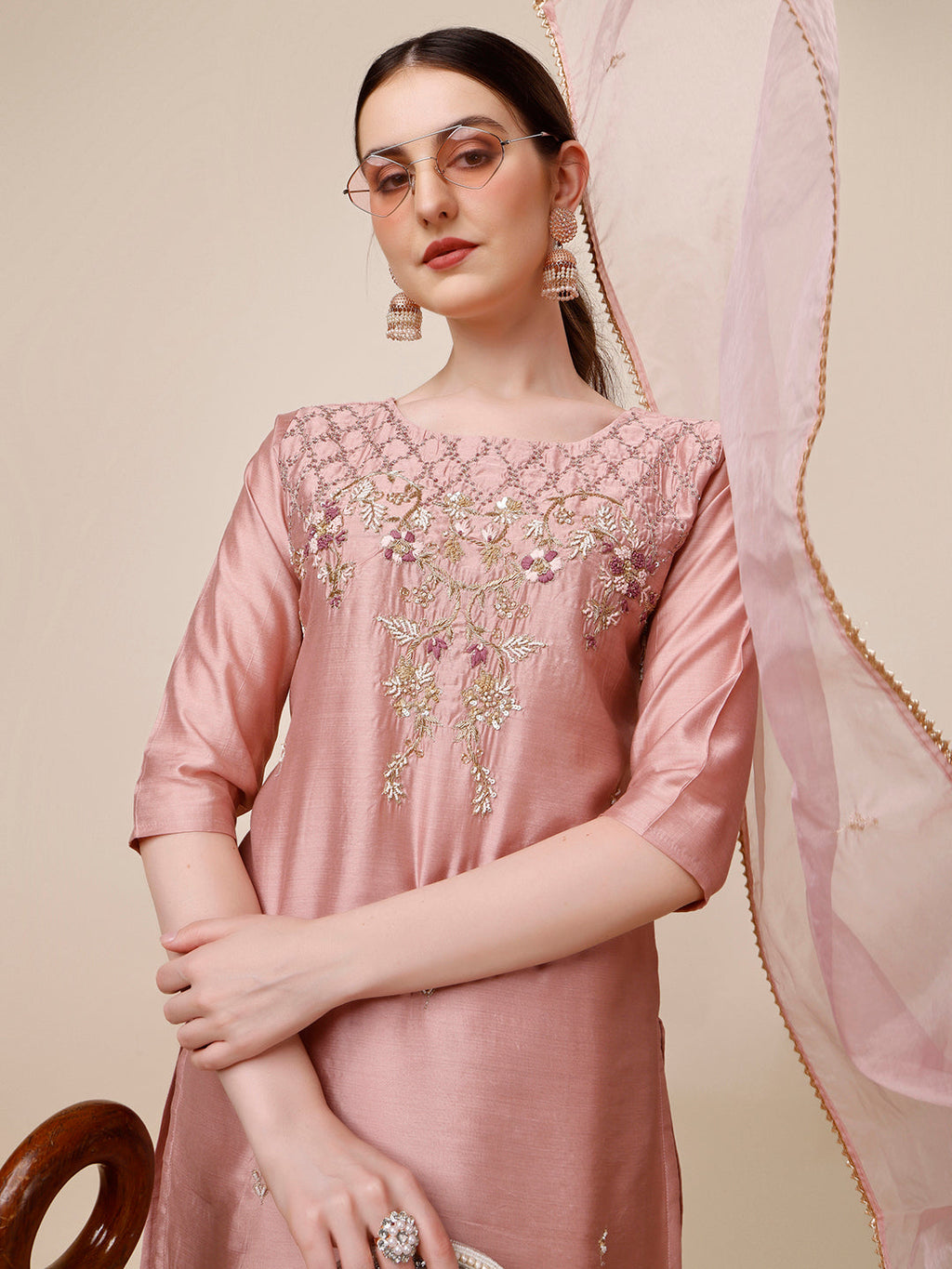 Hand Embroidered Kurta With Pant & Dupatta Set, Multicolor - Hiral Fashion - Distacart