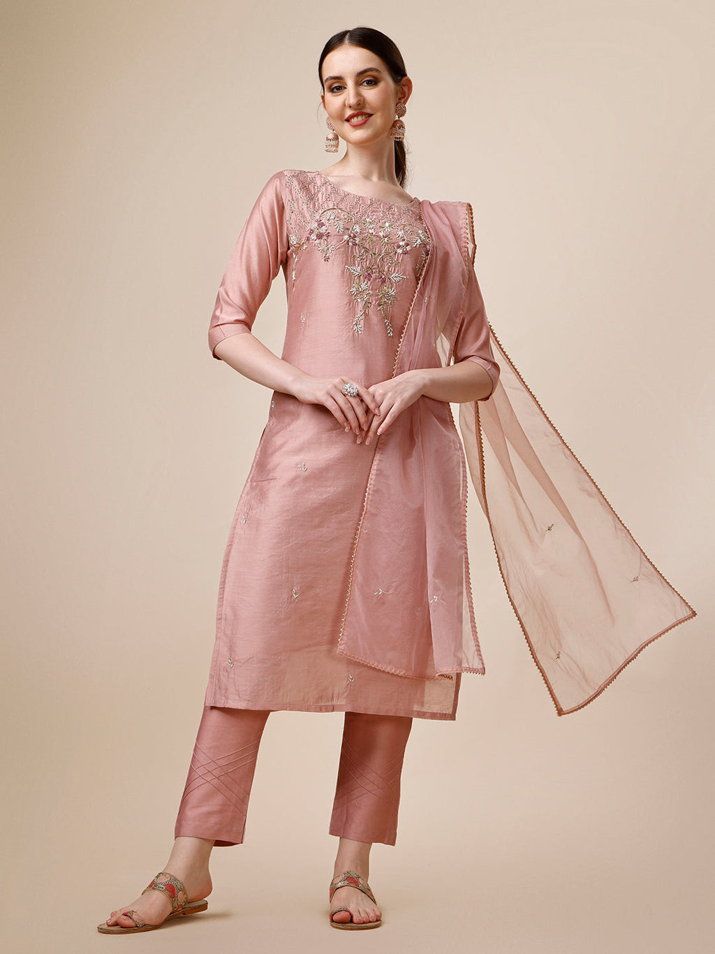 Hand Embroidered Kurta With Pant & Dupatta Set, Multicolor - Hiral Fashion - Distacart