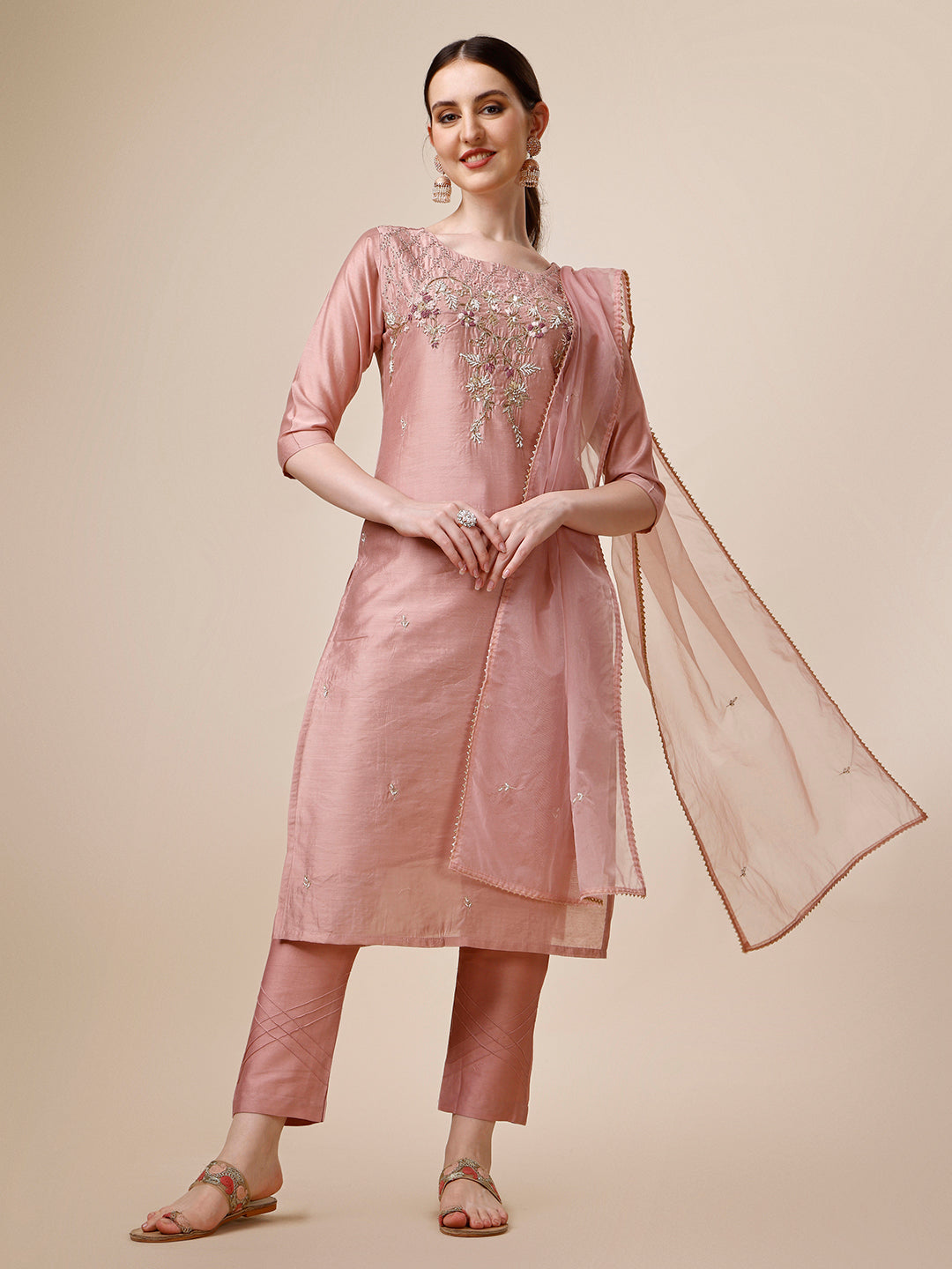 Hand Embroidered Kurta With Pant & Dupatta Set, Multicolor - Hiral Fashion - Distacart