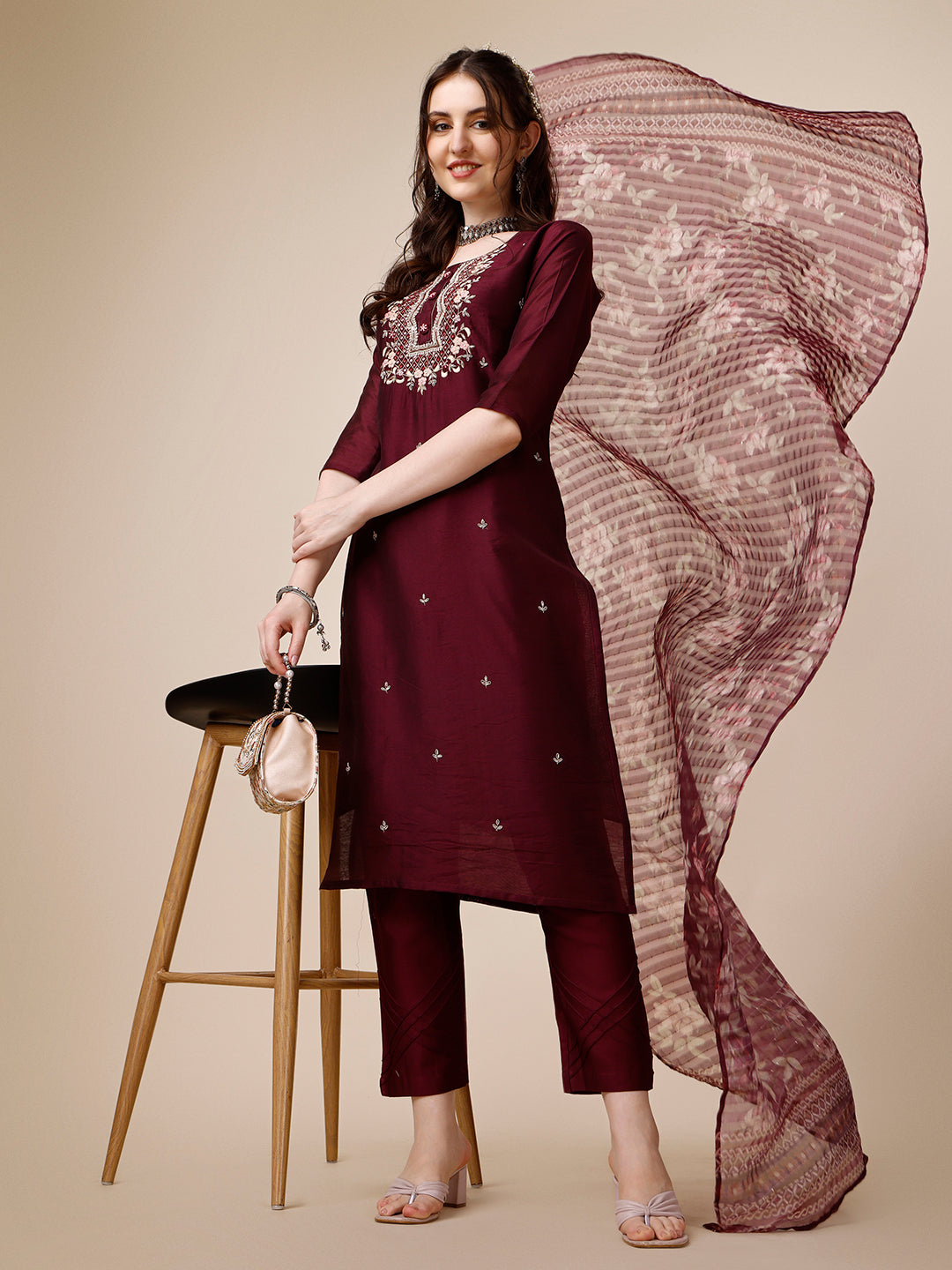 Embroidered Kurta With Pant And Dupatta Set, Multicolor - Hiral Fashion - Distacart