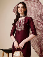 Embroidered Kurta With Pant And Dupatta Set, Multicolor - Hiral Fashion - Distacart