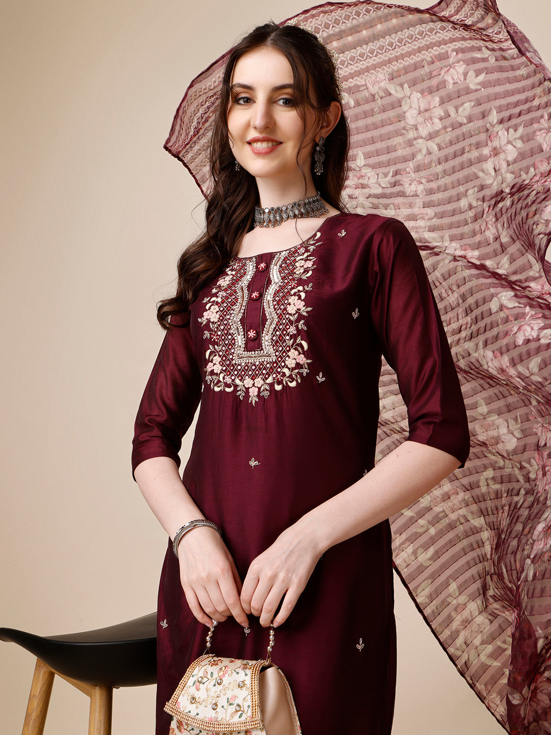 Embroidered Kurta With Pant And Dupatta Set, Multicolor - Hiral Fashion - Distacart