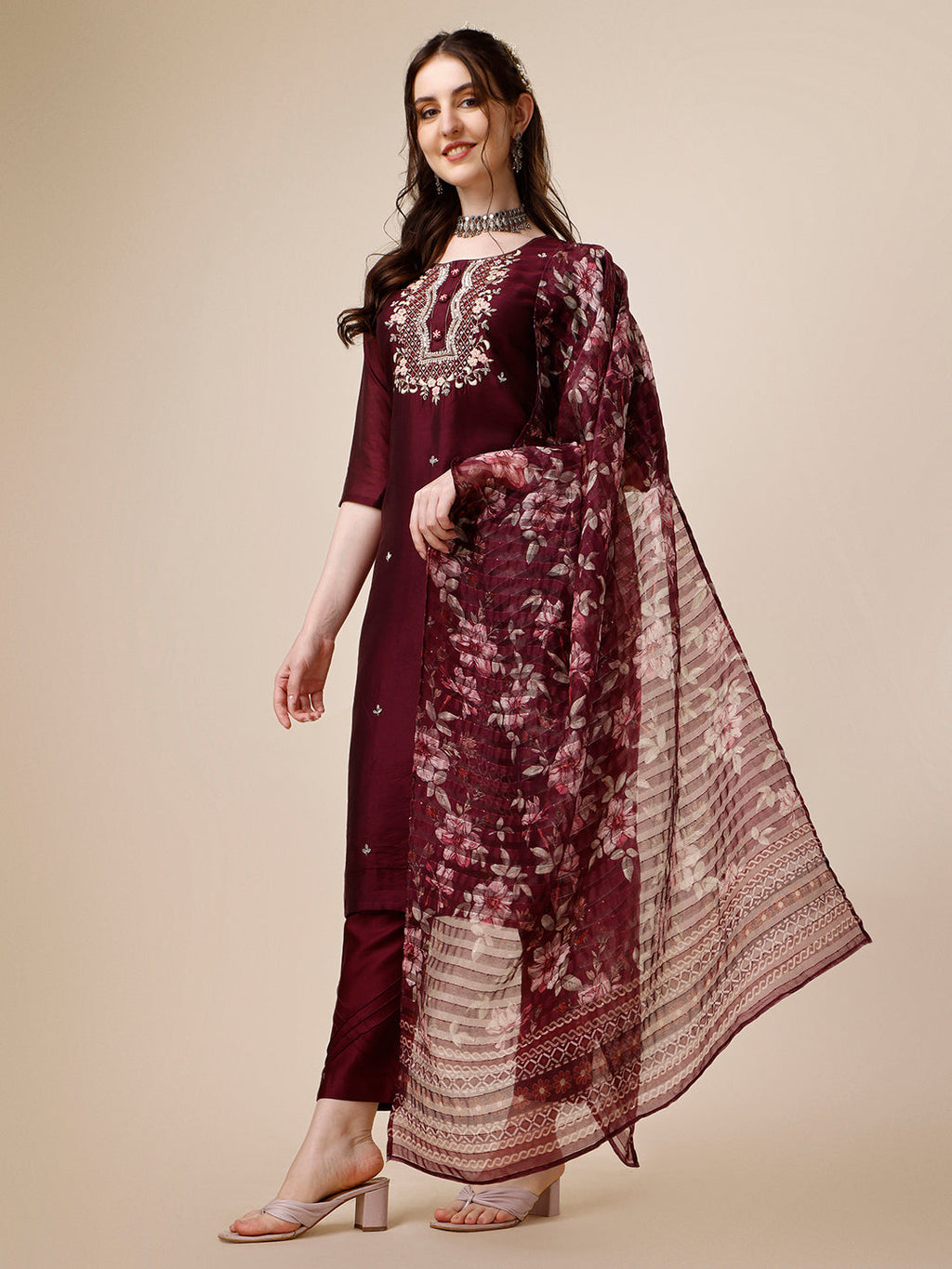 Embroidered Kurta With Pant And Dupatta Set, Multicolor - Hiral Fashion - Distacart