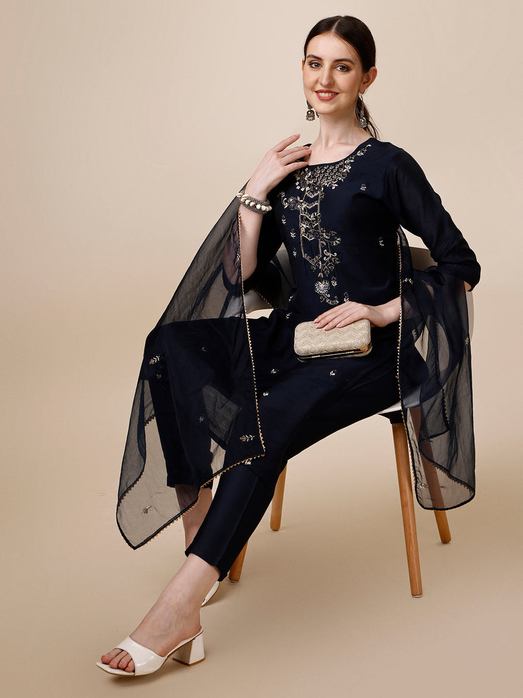 Hand Embroidered Kurta With Pant And Dupatta Set, Multicolor - Hiral Fashion - Distacart