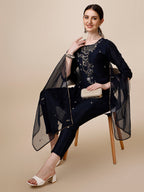 Hand Embroidered Kurta With Pant And Dupatta Set, Multicolor - Hiral Fashion - Distacart