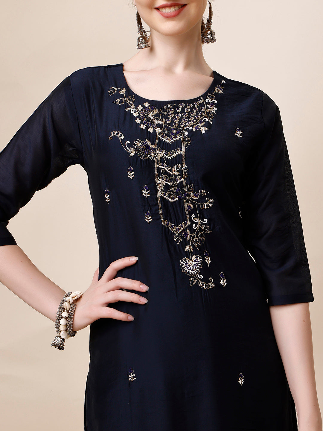 Hand Embroidered Kurta With Pant And Dupatta Set, Multicolor - Hiral Fashion - Distacart