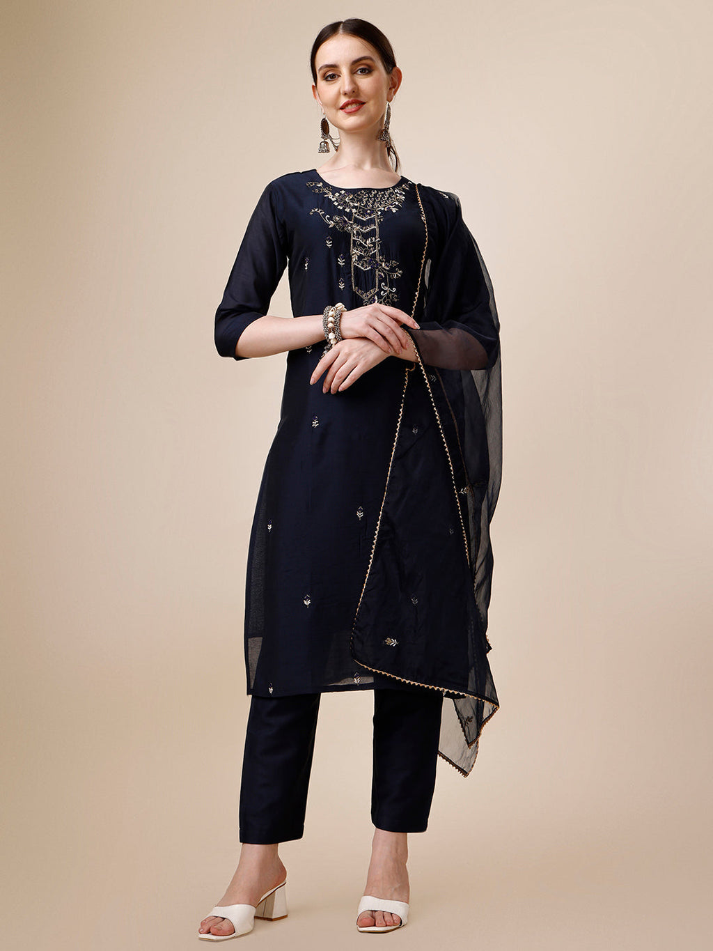 Hand Embroidered Kurta With Pant And Dupatta Set, Multicolor - Hiral Fashion - Distacart