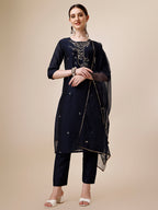 Hand Embroidered Kurta With Pant And Dupatta Set, Multicolor - Hiral Fashion - Distacart