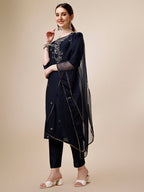 Hand Embroidered Kurta With Pant And Dupatta Set, Multicolor - Hiral Fashion - Distacart