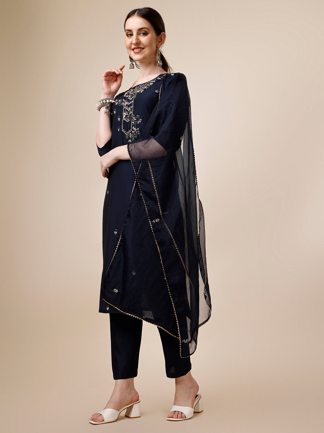 Hand Embroidered Kurta With Pant And Dupatta Set, Multicolor - Hiral Fashion - Distacart