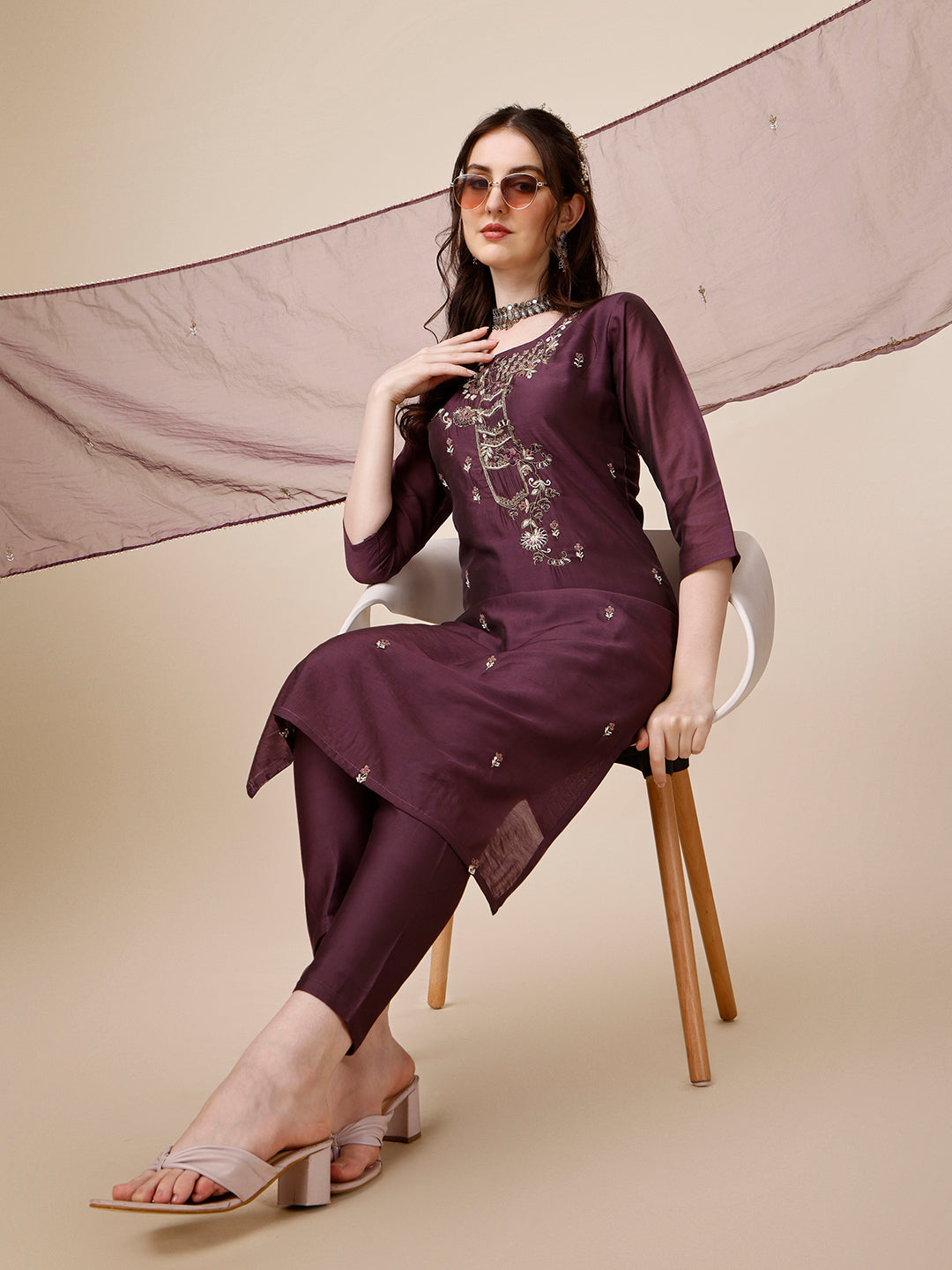 Embroidered Kurta With Pant And Dupatta Set, Multicolor - Hiral Fashion - Distacart