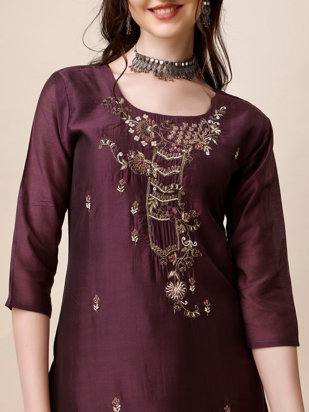 Embroidered Kurta With Pant And Dupatta Set, Multicolor - Hiral Fashion - Distacart